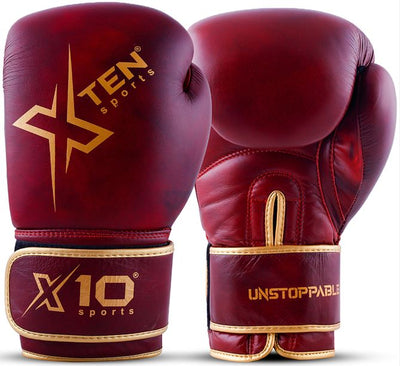 Cow Hide Leather Boxing Gloves, Front and Back, Red and Golden color